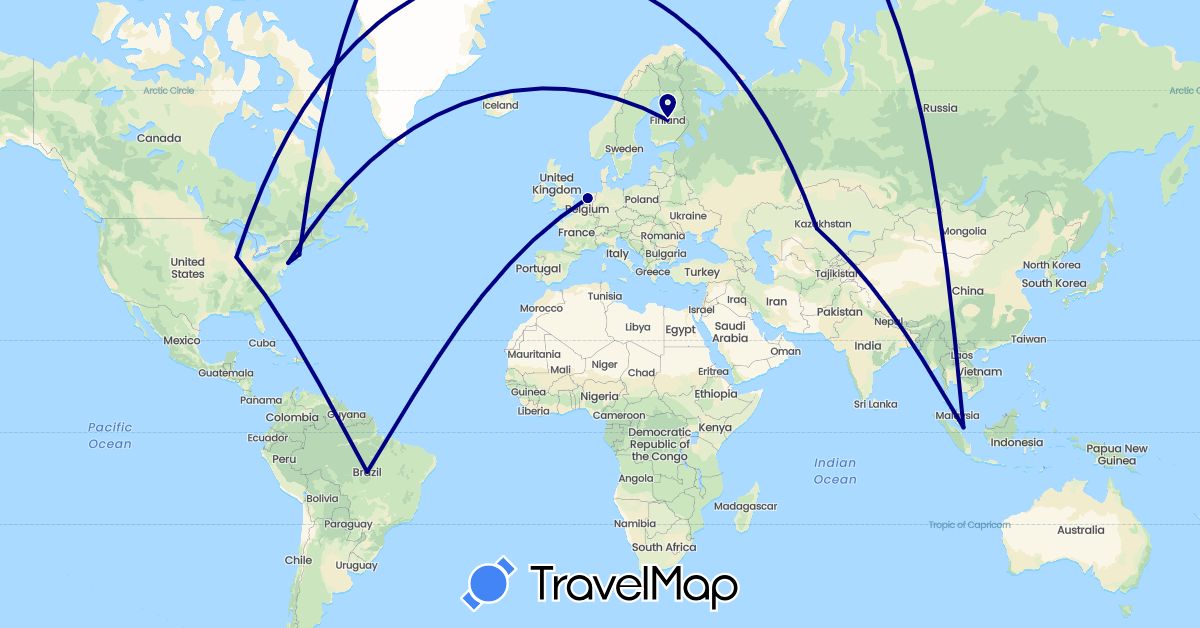 TravelMap itinerary: driving in Brazil, Finland, Kazakhstan, Netherlands, Singapore, United States (Asia, Europe, North America, South America)